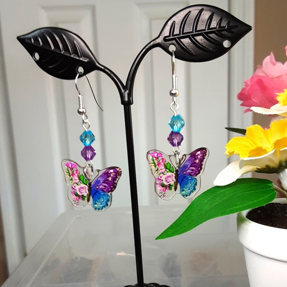Handmade Butterfly Earrings Resin Purple Teal